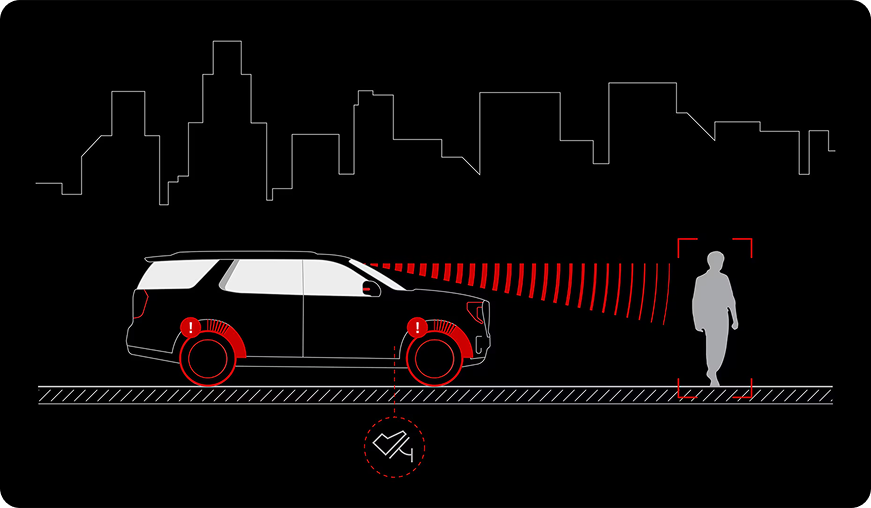 Illustration of a Yukon detecting a pedestrian ahead on a city street