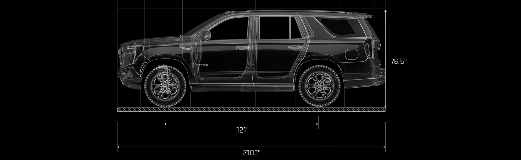 Side-profile dimension diagram of the GMC Yukon: 76.5-inch height, 121-inch wheelbase and 210.1-inch overall length