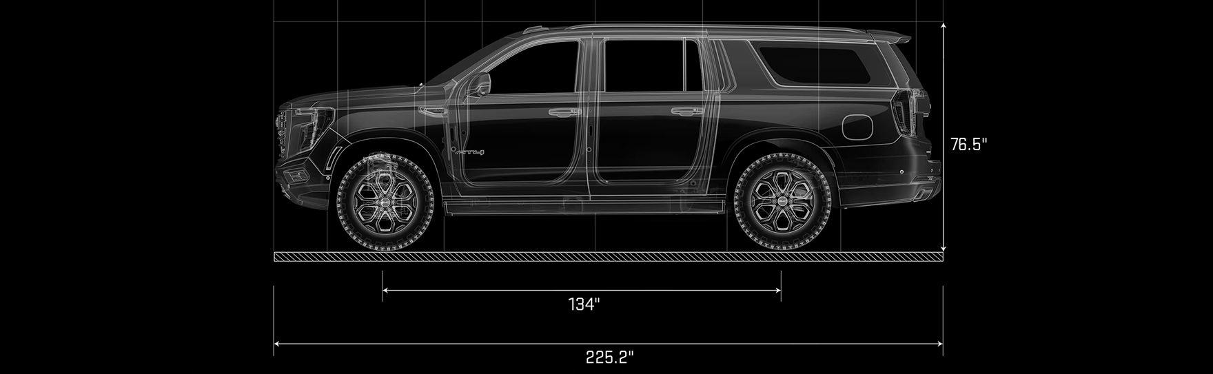 Side-profile dimension diagram of the GMC Yukon XL: 76.5-inch height, 134-inch wheelbase and 225.2-inch overall length