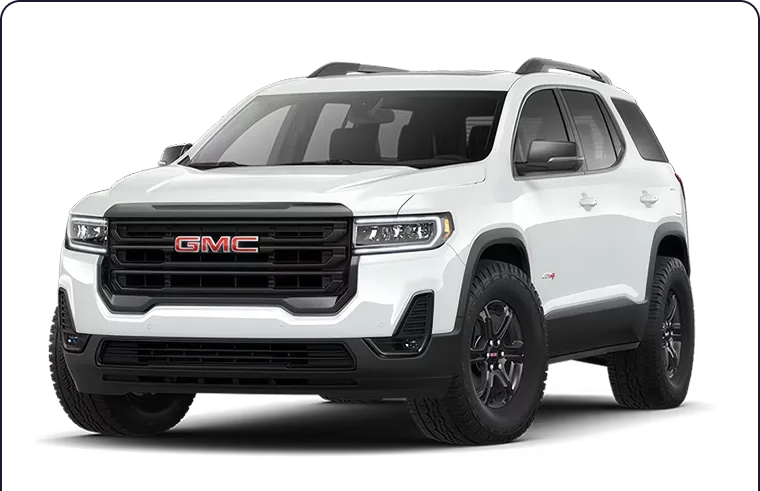 White GMC SUV shown from the front three-quarter angle on a black background