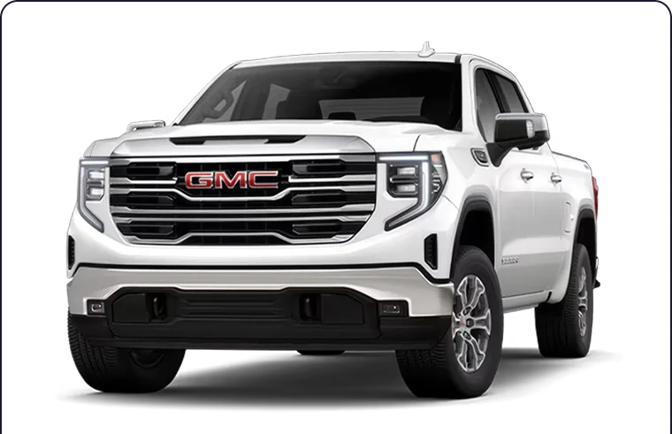 White GMC pickup truck shown from the front three-quarter angle on a black background