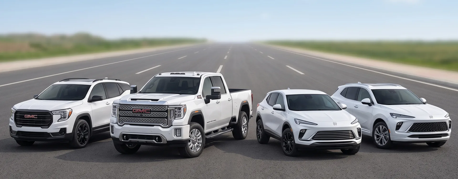 Two white GMC trucks and two white Buick crossovers lined up across a highway