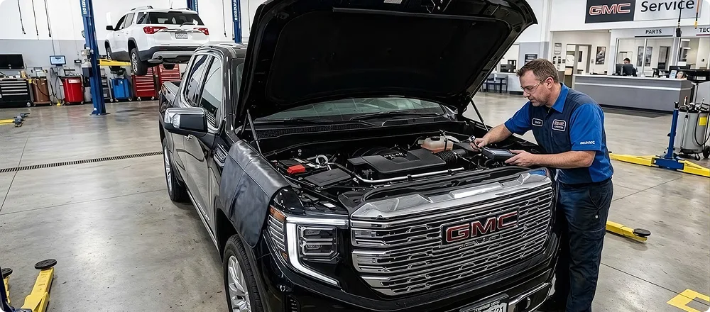 A technician connecting air conditioning service gauges under the hood of a vehicle