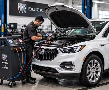 A technician connecting air conditioning gauges under the hood of a white Buick crossover