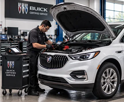 A technician testing the battery of a white Buick crossover