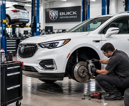A technician servicing the front brakes of a white Buick crossover