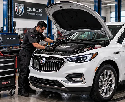 A technician servicing the diesel engine of a GMC pickup
