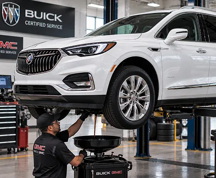 A white Buick SUV on a lift during a Lightnin' Lube oil change