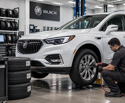A technician fitting a new tire to a white Buick crossover