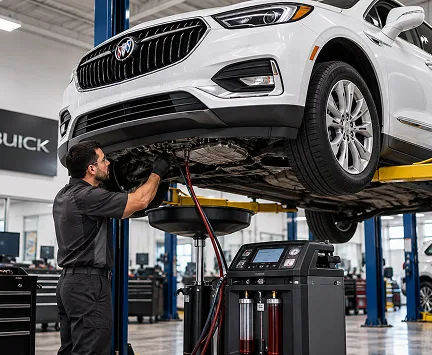 A technician working beneath a raised white Buick crossover on a transmission service