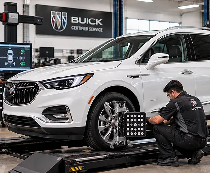 A white Buick crossover on an alignment rack with sensors fitted to the wheels