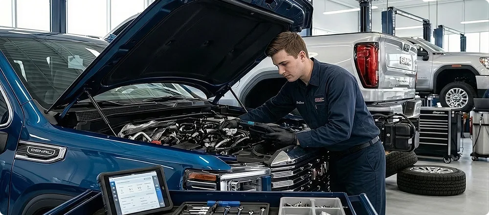 A technician servicing the diesel engine of a GMC heavy-duty pickup