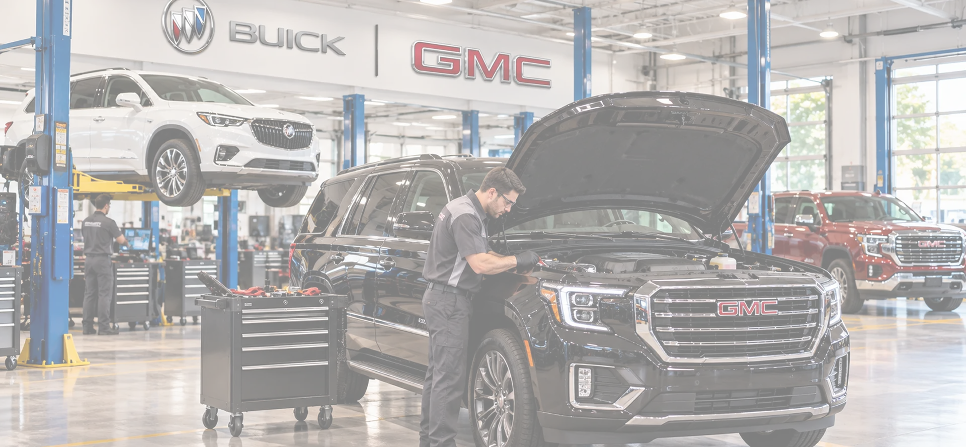 The Phillips Buick GMC service drive with vehicles raised on lifts across the bays