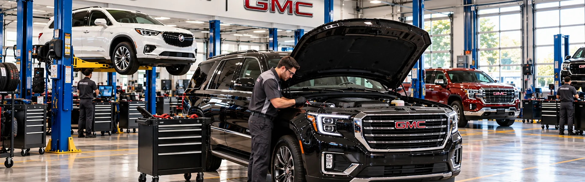 The Phillips Buick GMC service bays with a technician working under the hood of a black GMC SUV