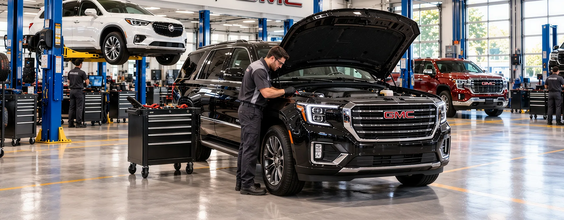 A Phillips Buick GMC technician working under the open hood of a black GMC SUV inside the service bay