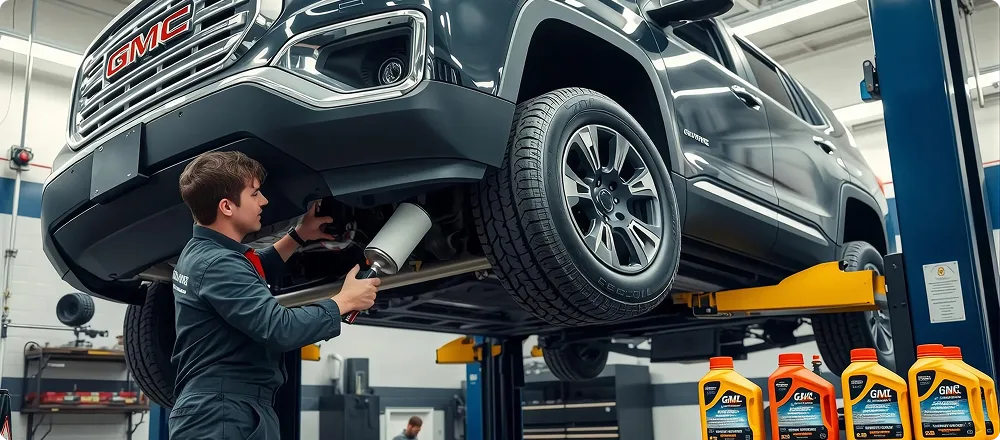 A technician draining oil from a raised GMC SUV beside bottles of GMC motor oil