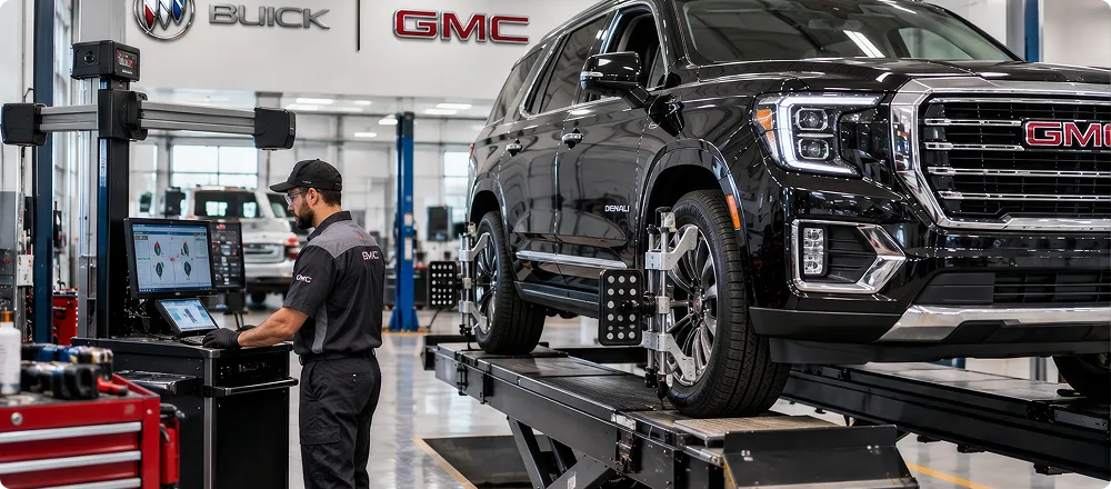 A vehicle on an alignment rack with measurement sensors mounted to each wheel