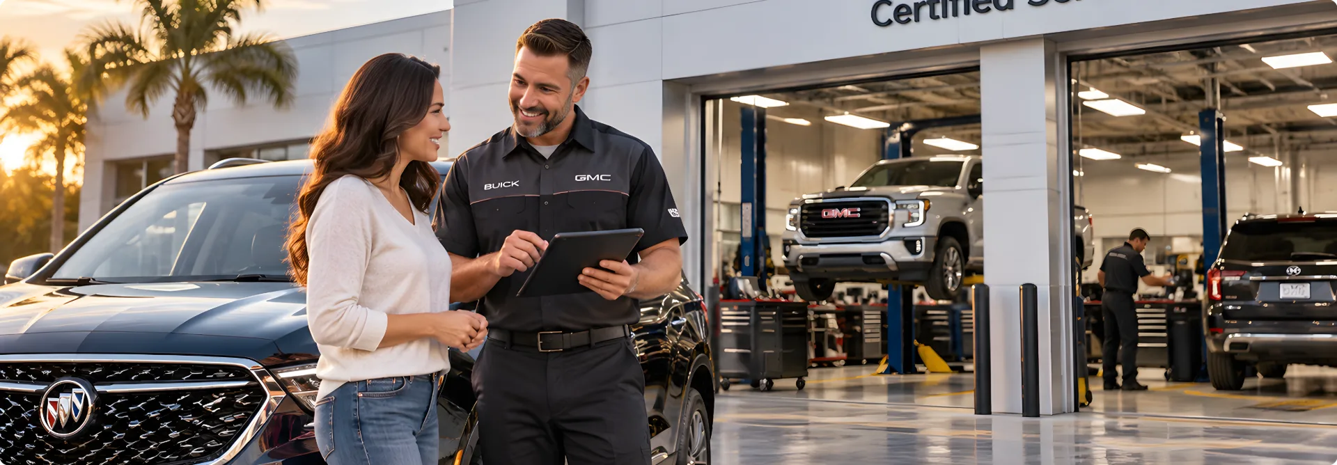 A Phillips Buick GMC service adviser showing a tablet to a customer beside a Buick crossover outside the certified service bays
