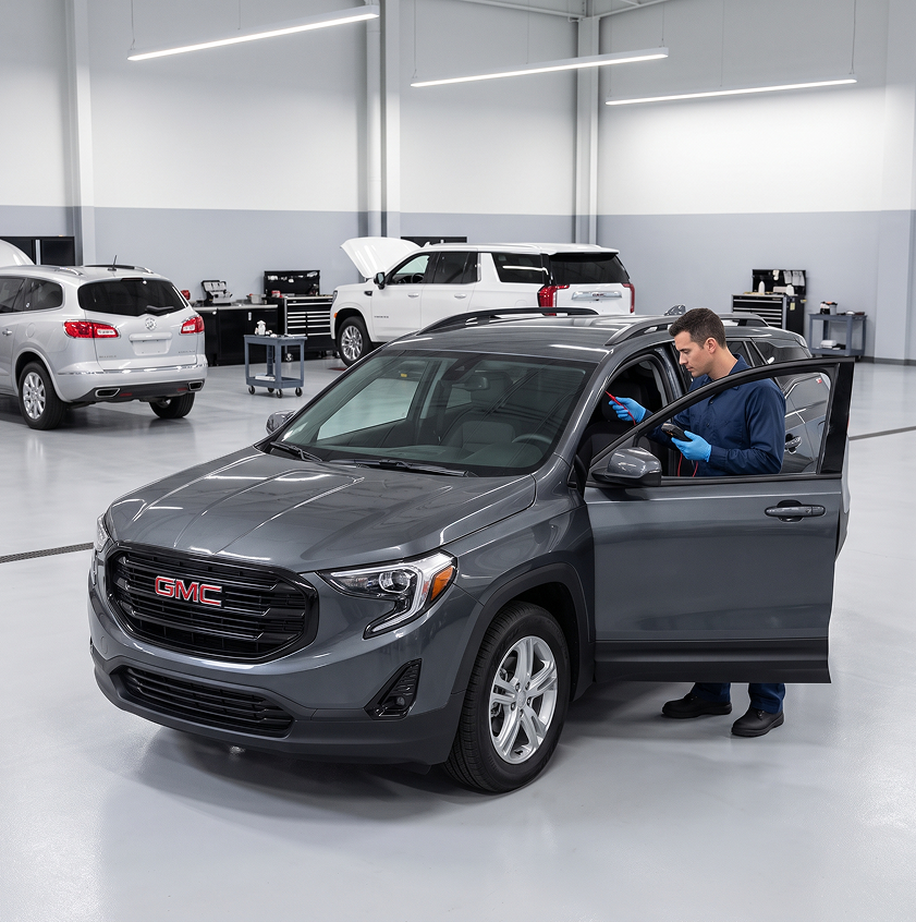 A technician in navy coveralls leans into the open driver's door of a grey GMC Terrain, checking the cabin controls with a handheld tool