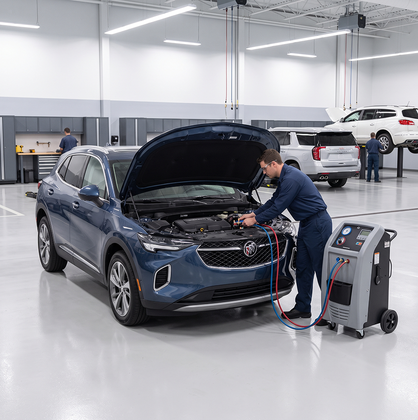 A technician connects the hoses of an A/C recovery and recharge machine to the engine bay of a blue Buick Envision with its hood raised