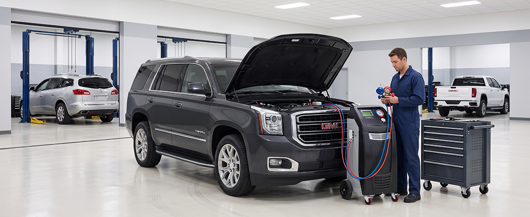 A technician holds a gauge set beside an A/C service machine hooked up to a dark grey GMC Yukon with its hood open