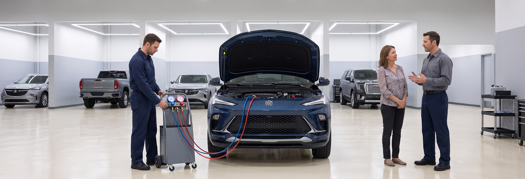 A technician stands with an A/C service machine connected to a blue Buick with its hood raised while a service advisor talks with a customer