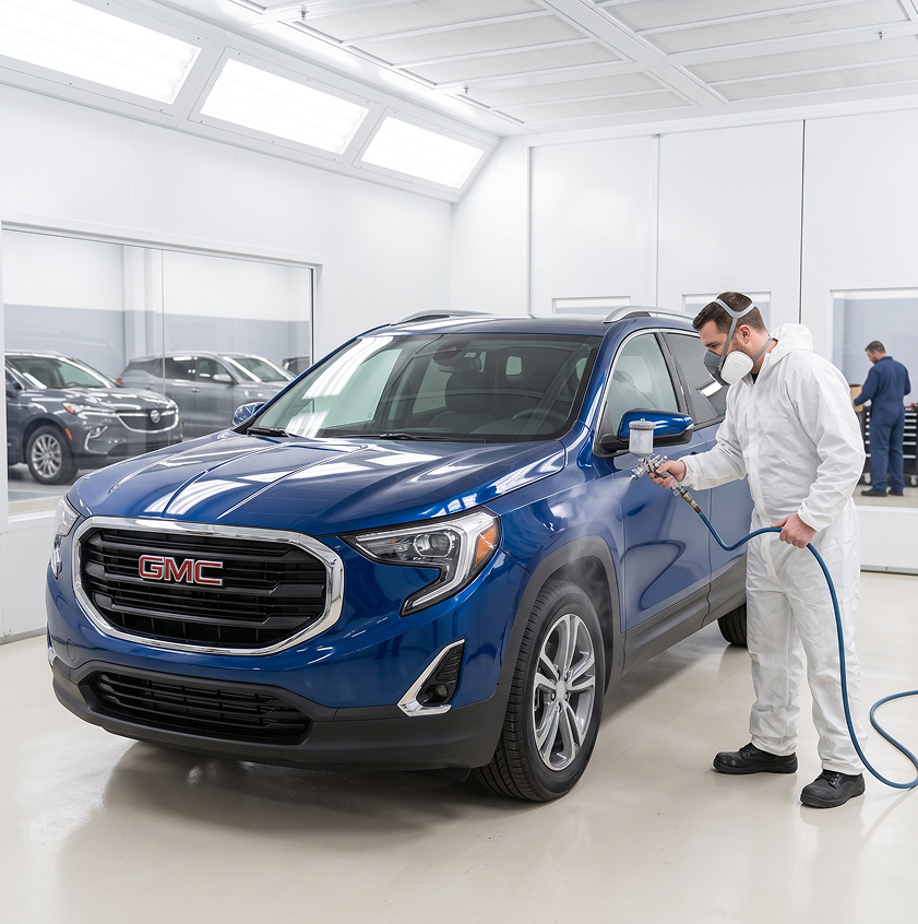 A painter in white coveralls and a respirator spray-paints the door of a blue GMC Terrain inside a paint booth