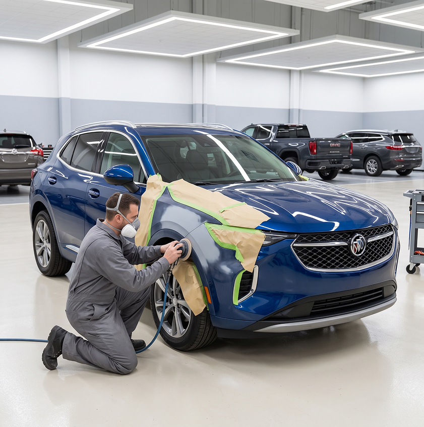 A technician in a respirator sands the front fender of a blue Buick Envision, with paper and green tape masking the surrounding panels