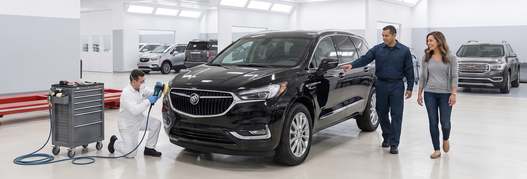 A painter in white coveralls sprays the front of a black Buick Enclave while a service advisor walks a customer through the body shop