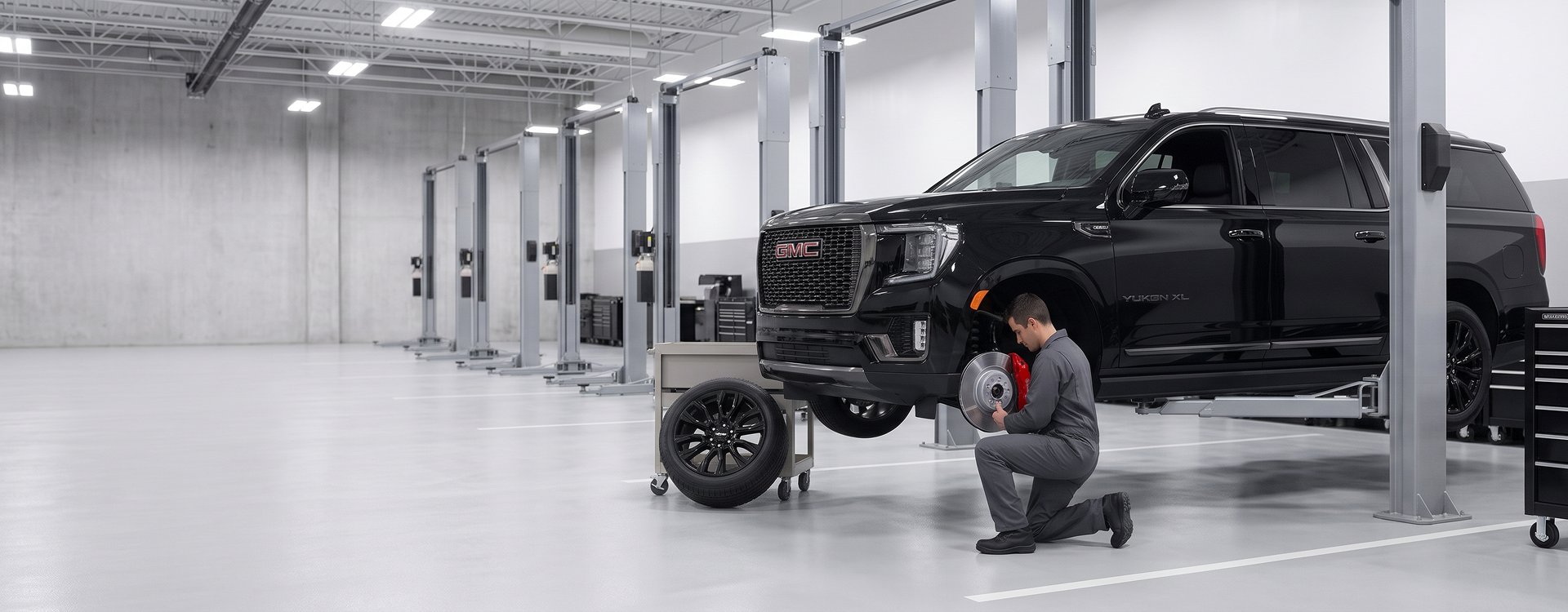 A technician in grey coveralls kneels to inspect the brake rotor and red caliper on a black GMC Yukon XL raised on a lift, its wheel resting on a cart beside him