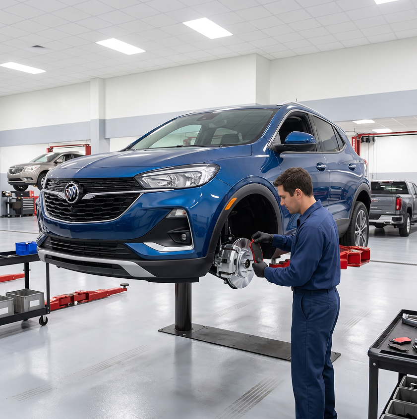 A technician in navy coveralls holds a brake pad beside the exposed rotor and caliper of a blue Buick Encore GX raised on a lift