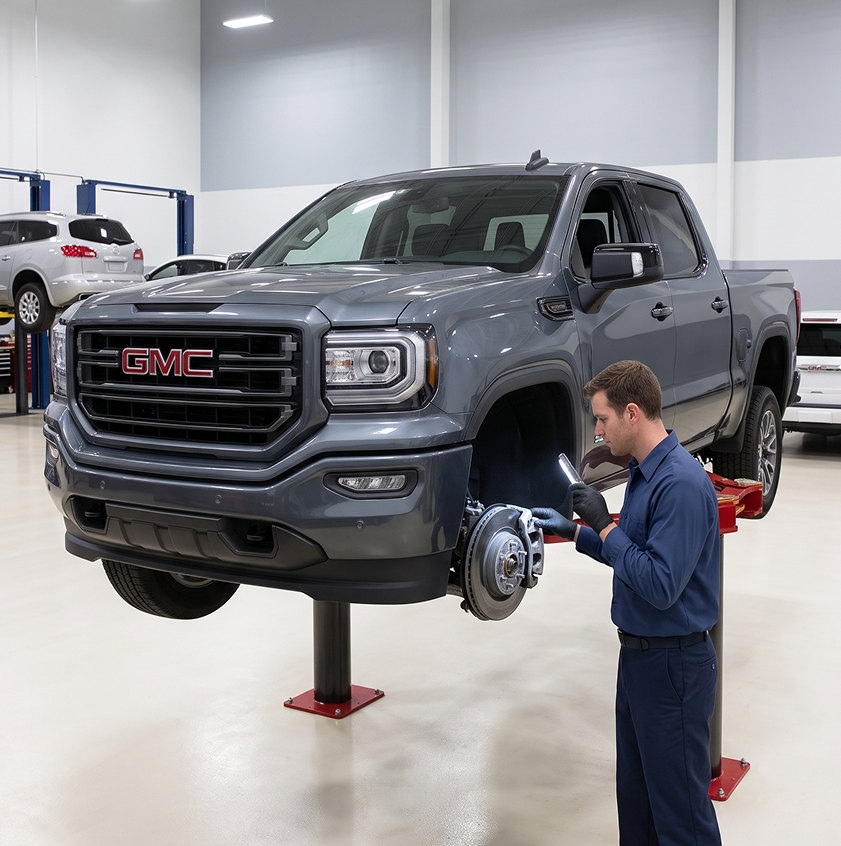 A technician shines a flashlight on the front brake rotor and caliper of a grey GMC Sierra raised on a lift