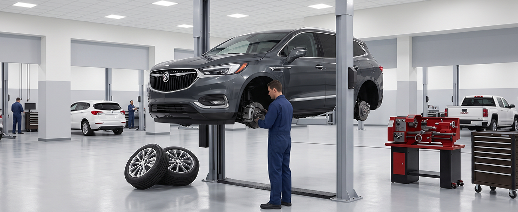 A grey Buick Enclave on a two-post lift with its front wheel removed as a technician works on the brakes, its wheels on the floor and a red brake lathe nearby
