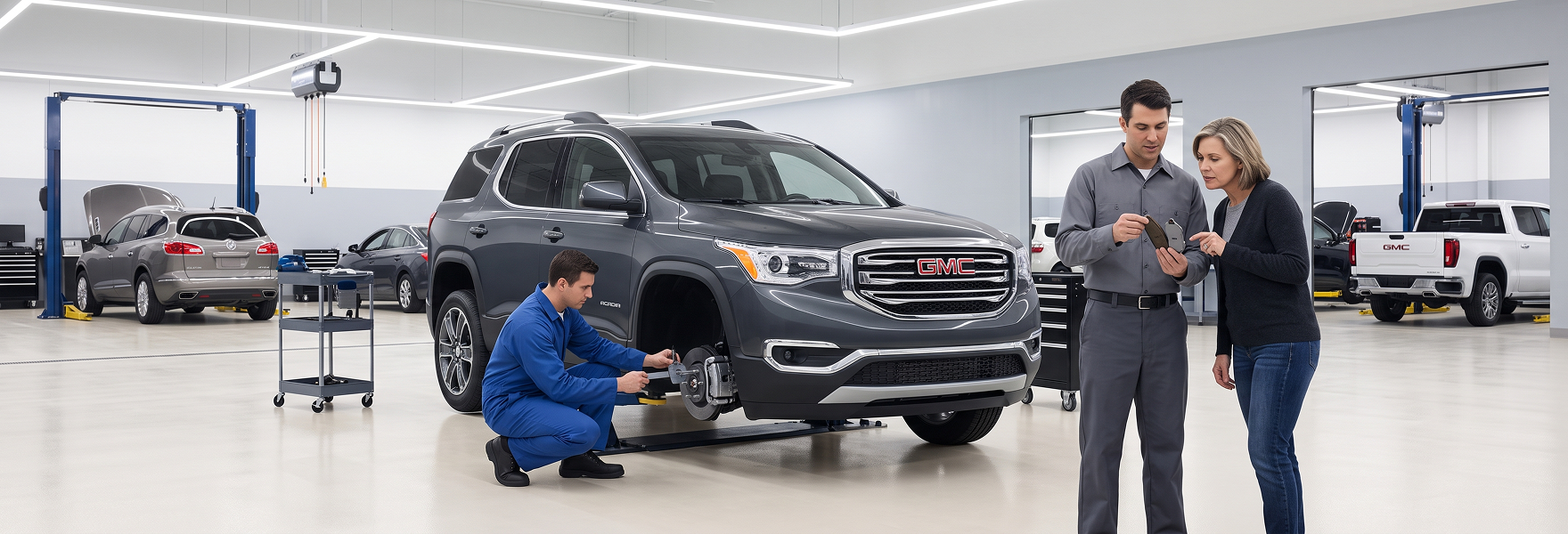 A technician in blue coveralls kneels at the front brake of a grey GMC Acadia while a service advisor shows a brake pad to a customer