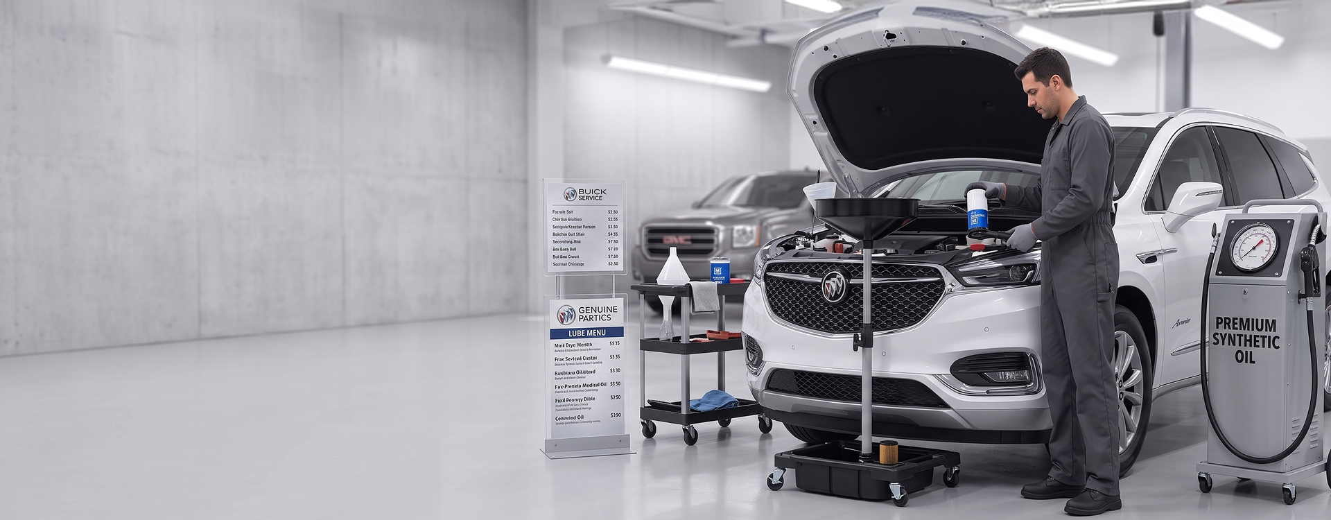 A technician in grey coveralls adds oil under the open hood of a white Buick Enclave, beside a Premium Synthetic Oil dispenser and a Buick lube menu sign