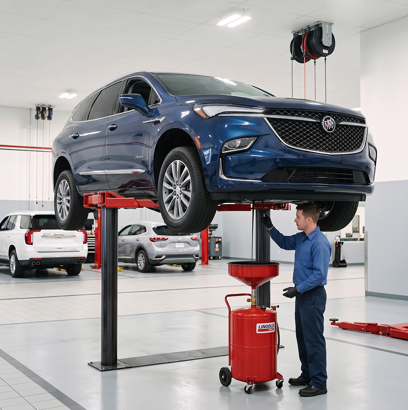 A technician in a blue shirt positions a red oil drain caddy beneath a blue Buick Enclave raised on a two-post lift