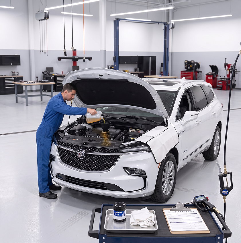 A technician in blue coveralls pours fresh oil through a funnel into the engine of a white Buick Enclave, with an oil filter and service checklist on a cart in front