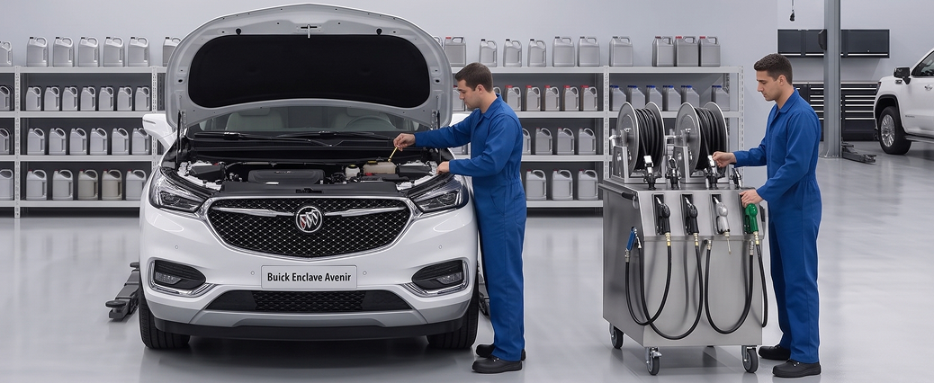 Two technicians in blue coveralls service a white Buick Enclave Avenir, one checking under the hood and one at an oil dispensing station, in front of shelves of oil jugs