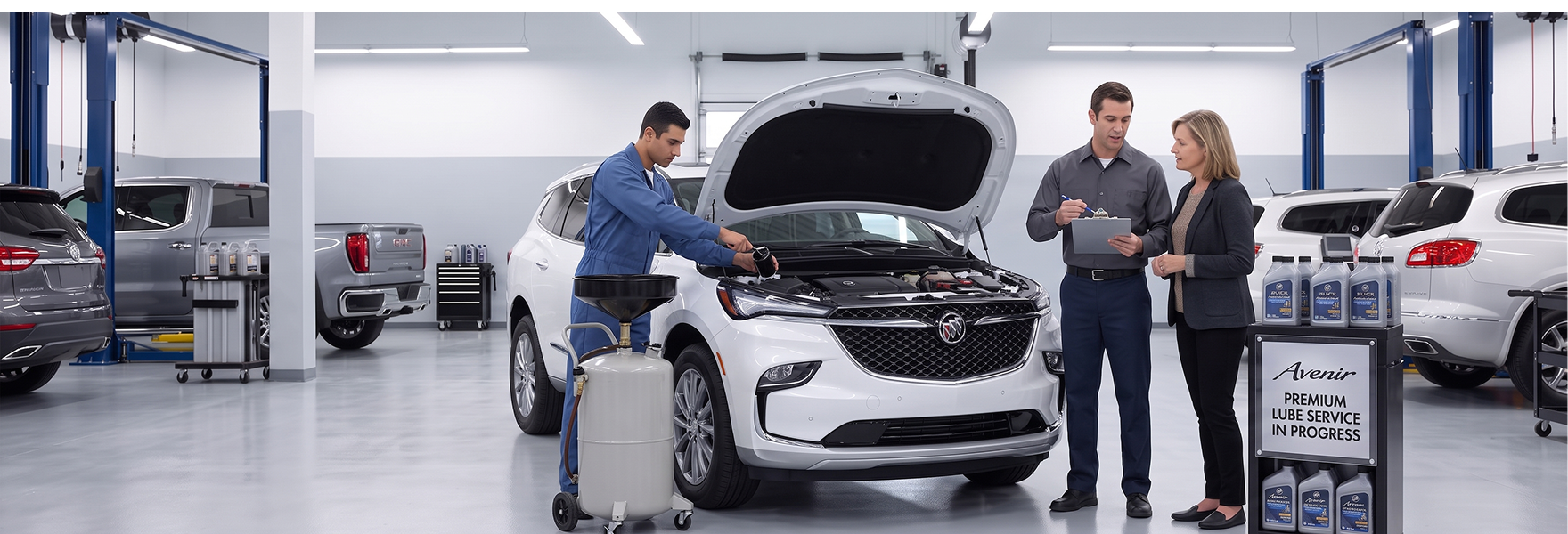 A technician drains oil from a white Buick Enclave while a service advisor with a clipboard talks with a customer beside a Premium Lube Service in Progress sign