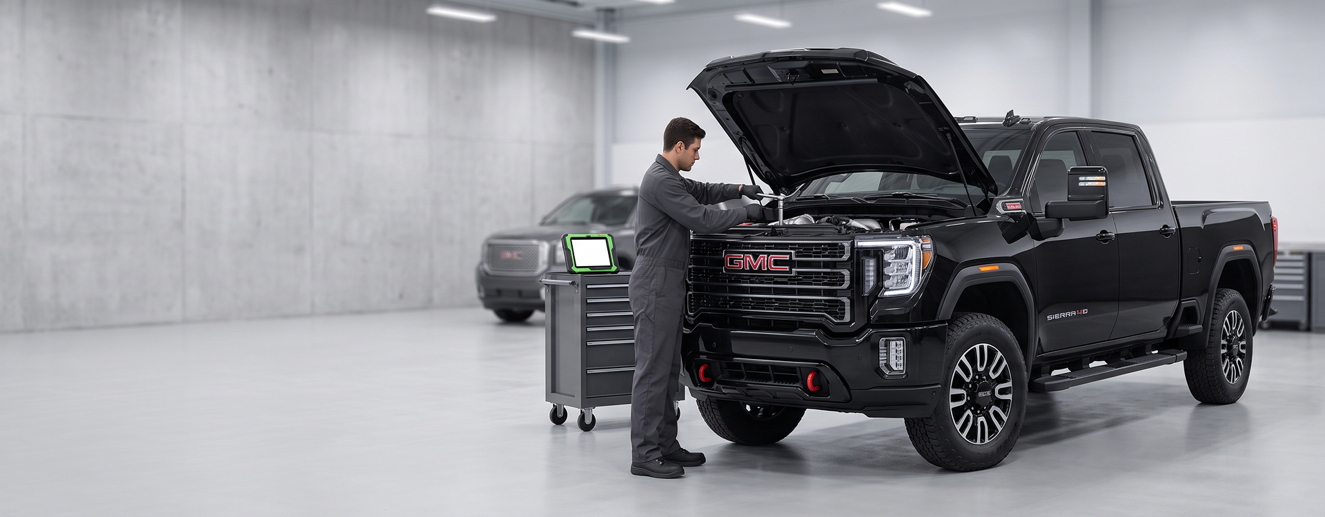 A technician in grey coveralls works in the engine bay of a black GMC Sierra HD with its hood raised, a diagnostic tablet on the tool cart beside him