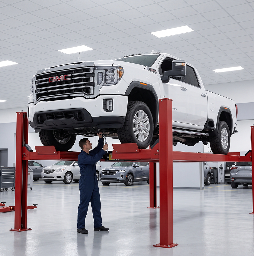 A technician in navy coveralls works on the underside of a white GMC Sierra HD raised on a red four-post lift
