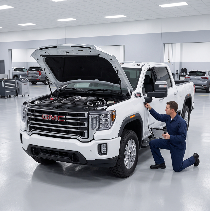 A technician kneels beside a white GMC Sierra HD with its hood open, connecting a diagnostic scan tool while holding a tablet
