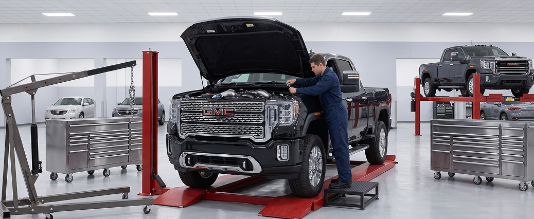 A technician steps up to work in the engine bay of a black GMC Sierra HD on a red drive-on lift, with an engine hoist and tool chests nearby