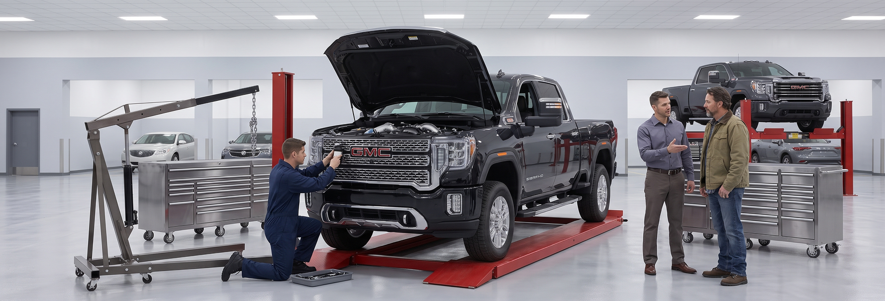 A technician kneels at the front of a black GMC Sierra HD with its hood raised while a service advisor talks with a customer