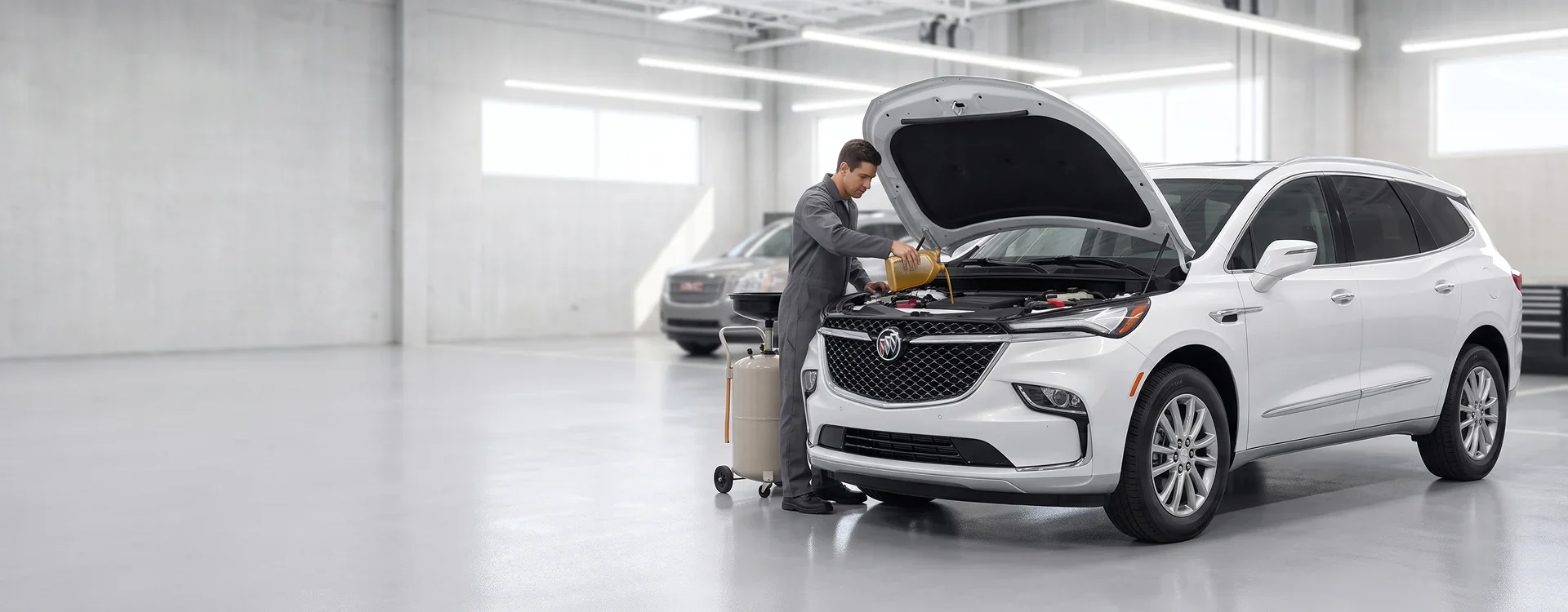 A technician in grey coveralls pours motor oil into the open engine bay of a white Buick Enclave in a bright service bay, with an oil drain cart beside him and a silver GMC SUV parked behind