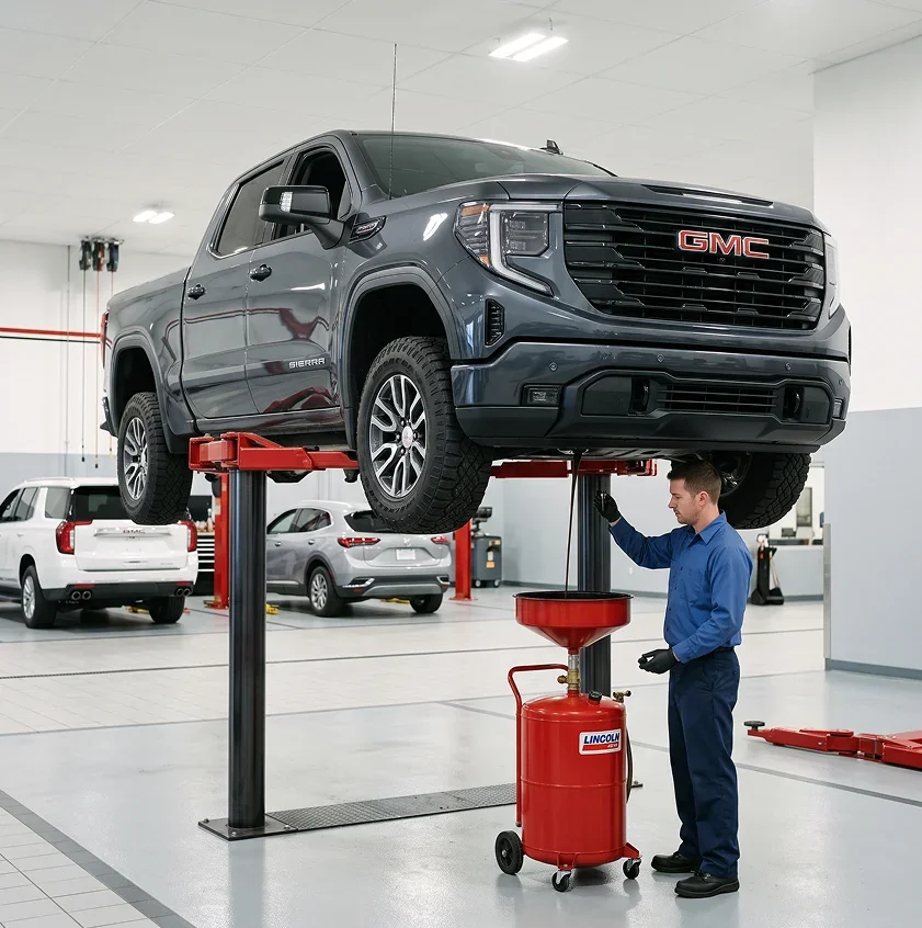 A dark grey GMC Sierra raised on a red lift in a Phillips Buick GMC service bay while a technician works underneath beside a red oil drain
