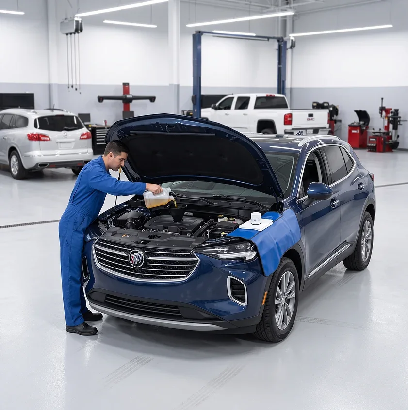 A technician in blue coveralls pours fresh oil into the engine of a dark blue Buick Envision with its hood raised, a fender cover draped over the front, and a silver Buick and white GMC Sierra in the bays behind