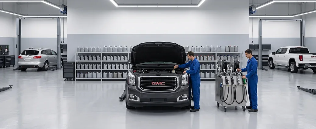 Two technicians in blue coveralls service a dark grey GMC Yukon with its hood open beside an oil dispensing cart, in front of shelves stocked with motor oil