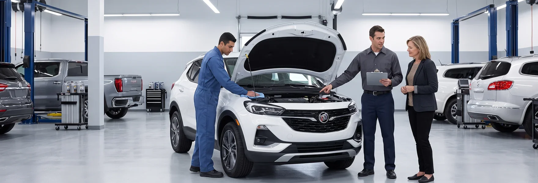 A service advisor with a clipboard talks a customer through her white Buick Encore GX while a technician in blue coveralls wipes down the open engine bay