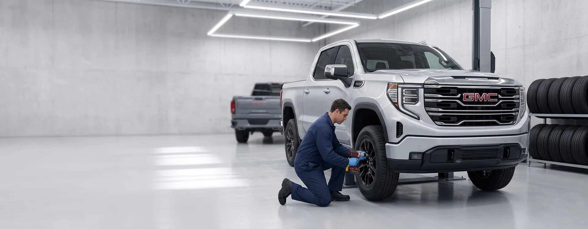 A technician in navy coveralls kneels to work on the front wheel of a silver GMC Sierra with a torque tool in a bright service bay, with a rack of tires on the right and a grey GMC pickup parked behind